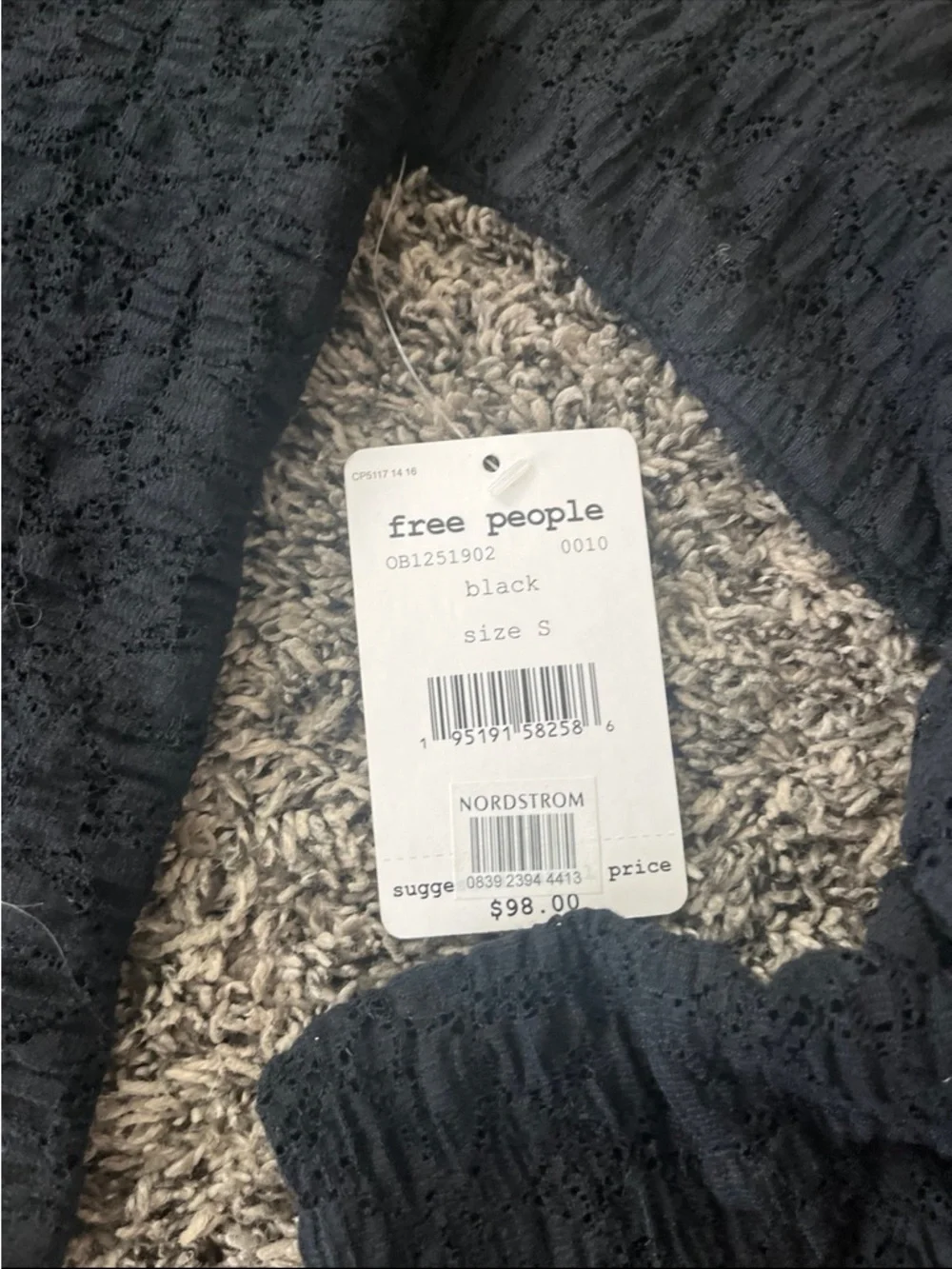 Free People Tea Time Lace Open Back Puff Sleeve Top Black Small Women’s NWT